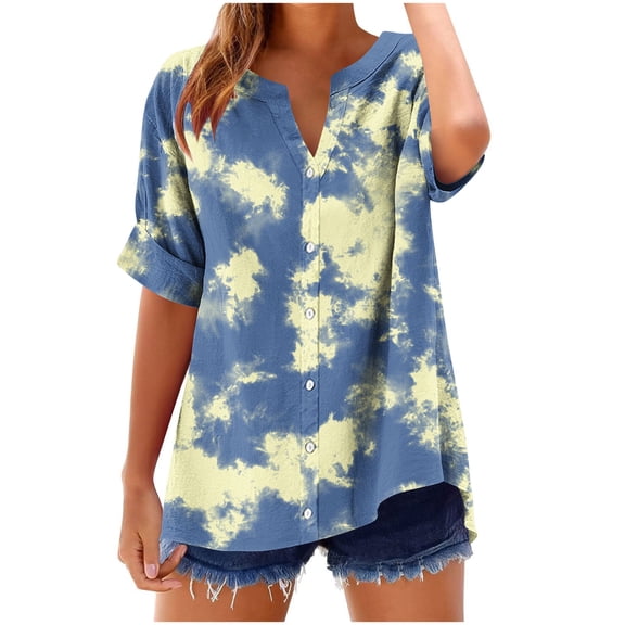 Bamboo Linen T-Shirts for Womne Women Tie-Dye Short Sleeve Shirts Henley Neck Tunic Tee Front Button Baggy Boho Dressy Shirts Loose Fitted Blouses Beach Holiday T Shirts