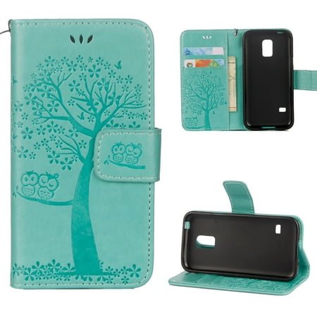 Samsung Galaxy S5 Whiskey Case S5 Case, Samsung Galaxy S5 Case - Allytech Premium Wallet PU Leather with Fashion Embossed Floral Owl Tree Magnetic Clasp Card Holders Flip Cover with Hand Strap, Green ()