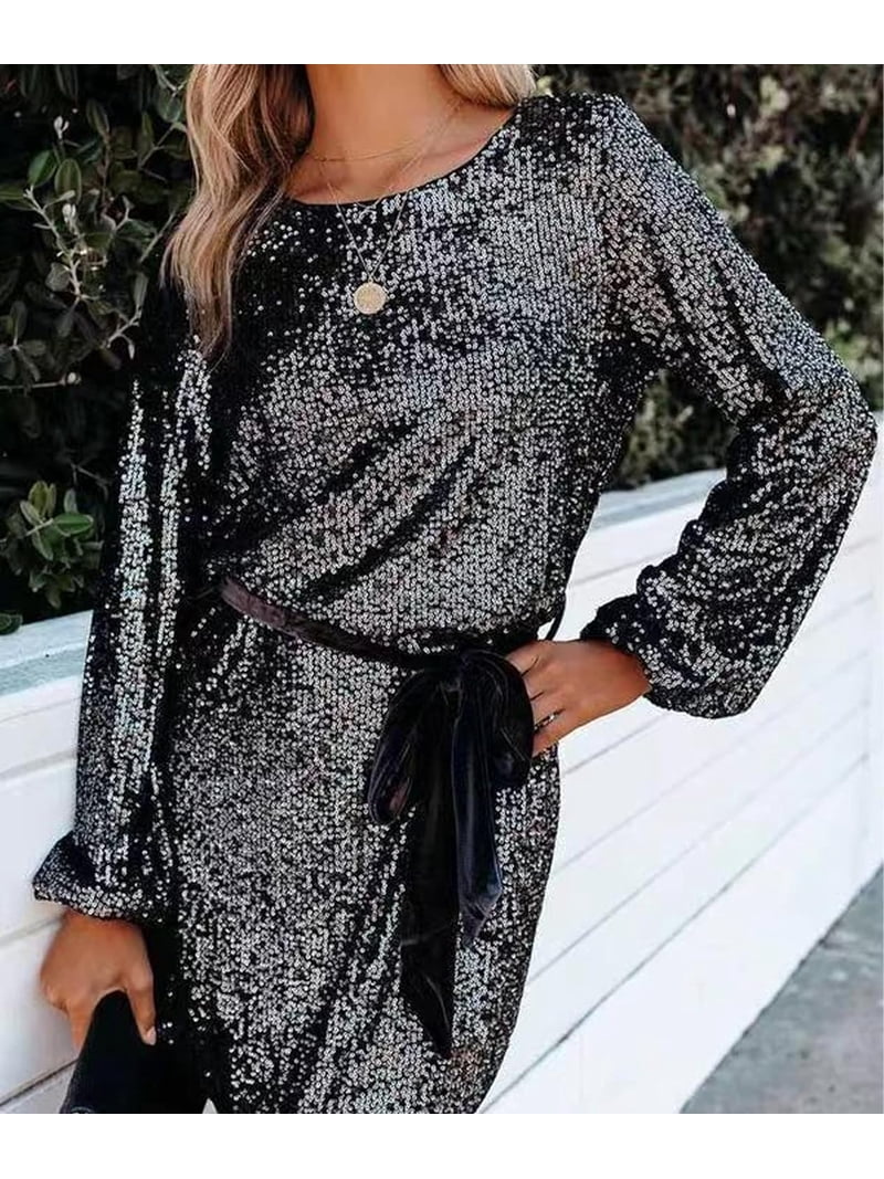 HLSOHJP Women's Sequin Belted Party Dress Long Lantern Sleeve Glitter Shiny  Sparkly Lace Up Cocktail Night Out Mini Dress - Walmart.com