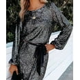 thumbnail image 3 of HLSOHJP Women's Sequin Belted Party Dress Long Lantern Sleeve Glitter Shiny Sparkly Lace Up Cocktail Night Out Mini Dress, 3 of 6