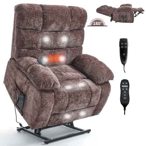 Dual Motor Power Lift Recliner Chair with Heat & Massage - 350LB Heavy Duty Chenille Recliner, Infinite Position Electric Lift Chair, Gifts for Elderly/Mothers/Fathers, Brown