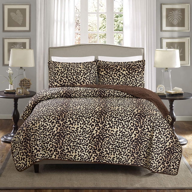 GrandLinen Juego de edredón de 3 piezas con estampado de animales finos de gran tamaño (118 x 95 pulgadas), colcha, funda de cama tamaño king (estampado de leopardo marrón y negro)