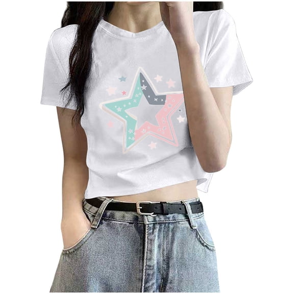 DeHolifer T-Shirts for Women Crewneck Star Printed Casual Summer Lightweight Short Sleeve Tee Tops White 2XL