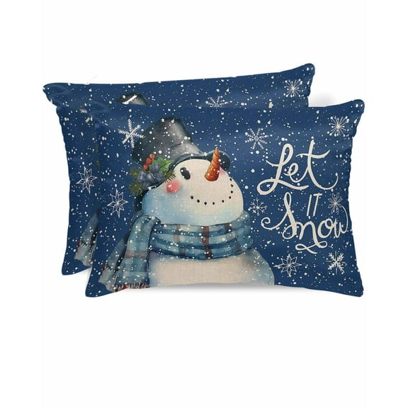 Hokiten Pillow Cases Standard Size Set of 2, Lumbar Pillow Covers, Watercolor Snowman, Satin Pillowcases with Zipper for Hair/Skin, Christmas Snowflake Plaid Blue 20x26 Inches