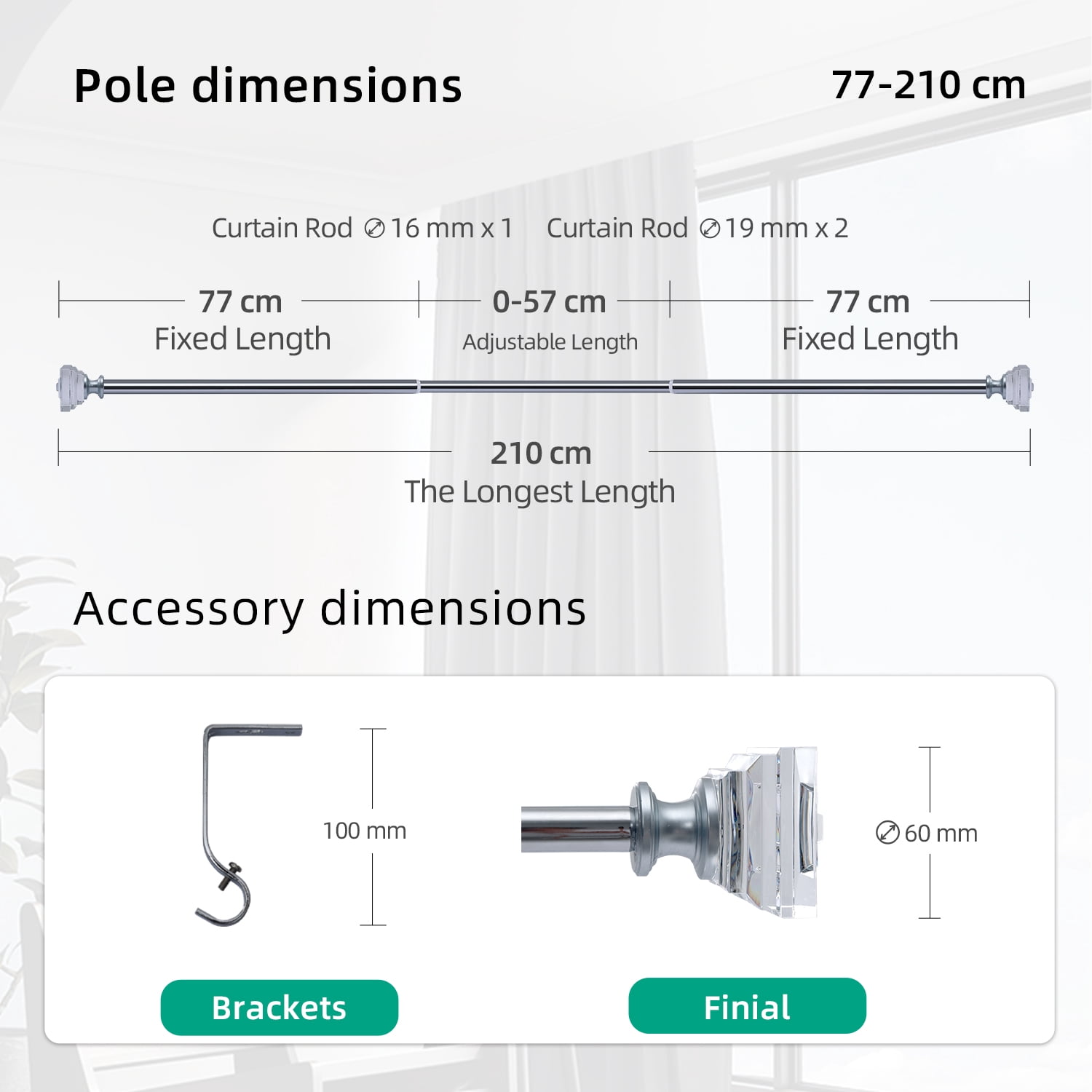 Curtain Rod Adjustable Window Drapery Rods with clear acrylic plexiglass square finials, 3piece brackets, hardware kits. Chrome 48-86 inches.