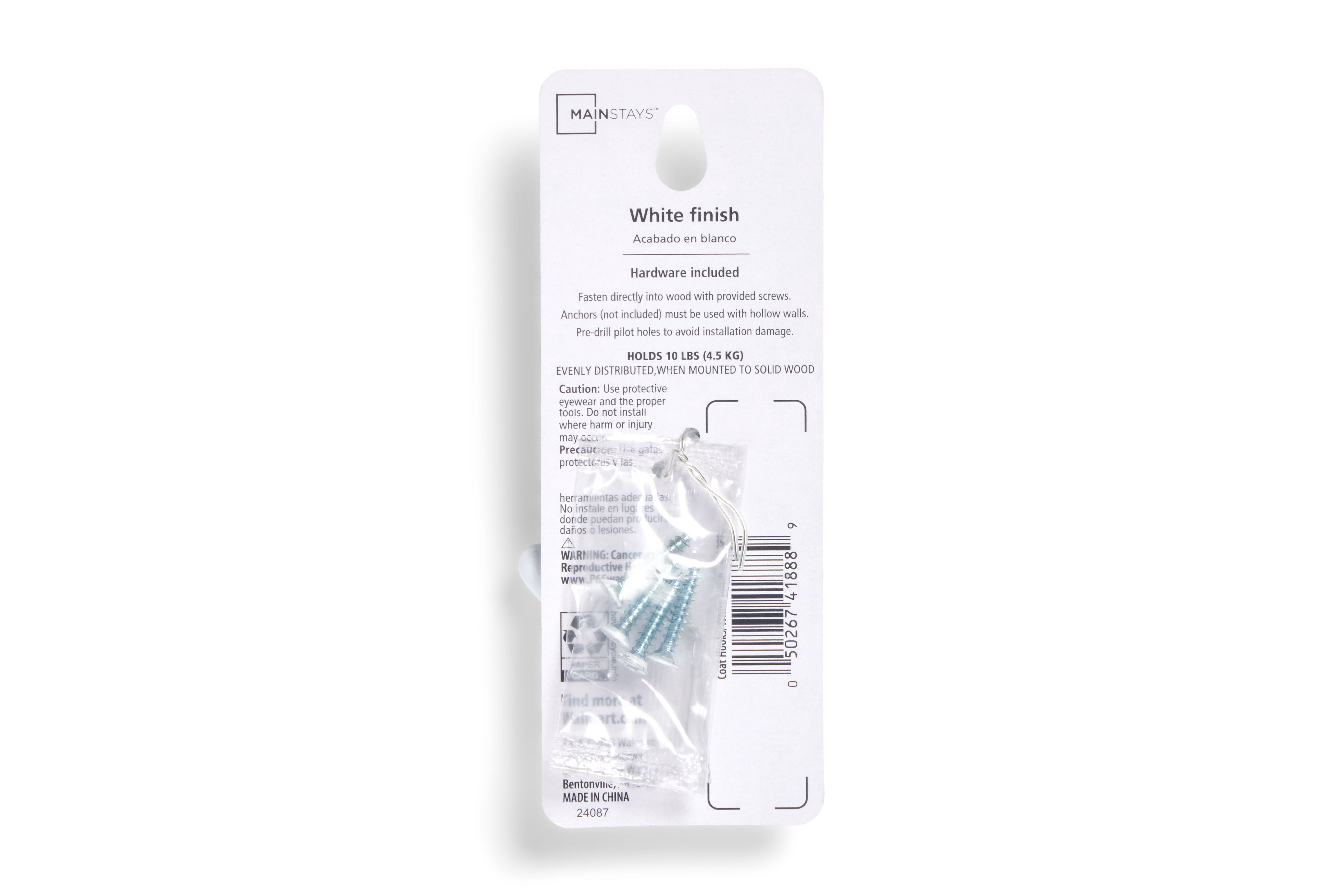 Mainstays, White Metal Hooks, Clutter-Free Hooks for Hanging Towels and Coats, 10 lbs Capacity, 2 Pack