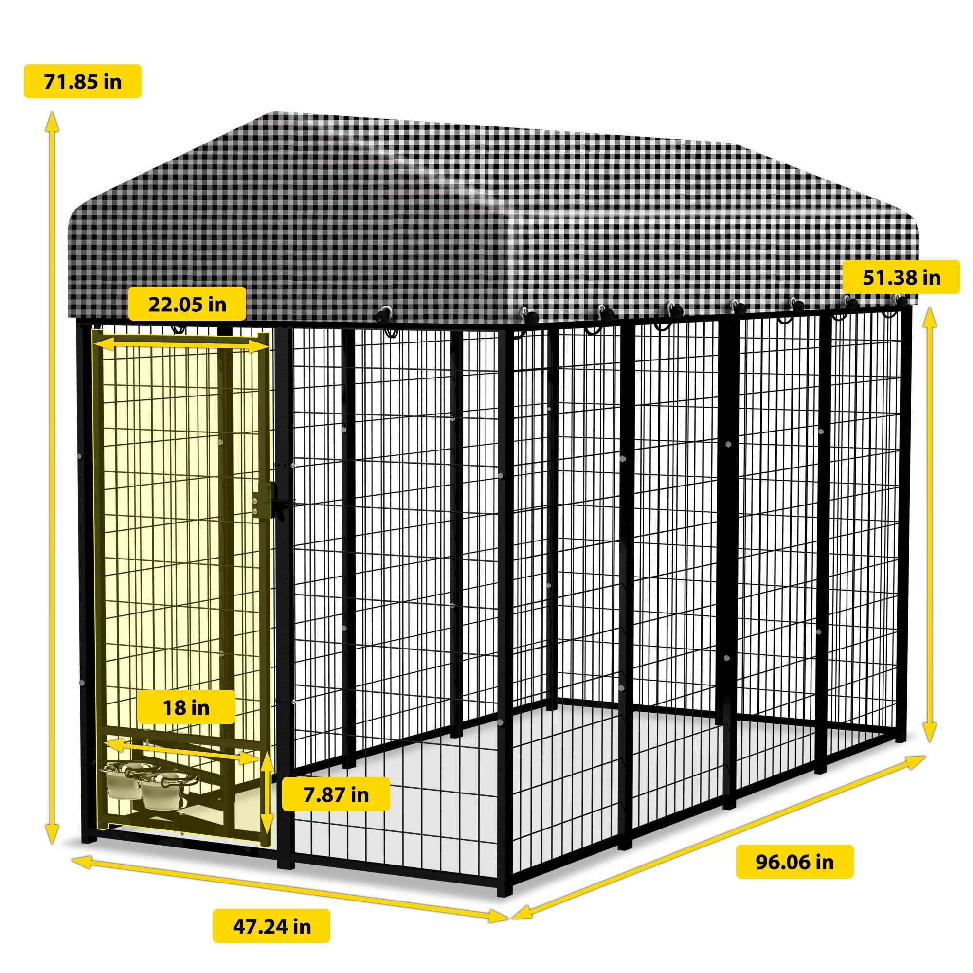 HITTITE Large Outdoor Dog Kennel, Heavy Duty Outdoor Dog Run Cage with Rotate Feeding Door, Anti-Rust Dog Kennel Outside with Waterproof & UV-Resistant Cover for Backyard, 8'L x4' W x 6'H（with Roof）