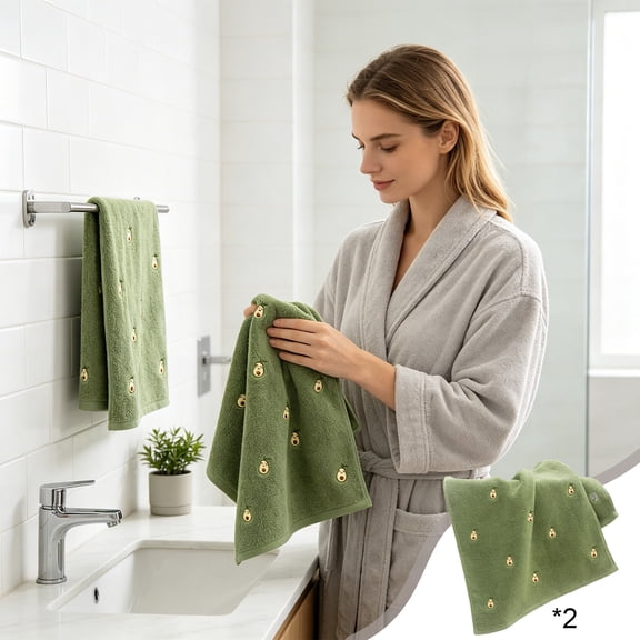 2PCS Green Avocado 100% Cotton Summer Hand Towels for Bathroom, 13.4" x 29" Embroidered Decorative Absorbent Soft Bath Hand Towels for Bathroom Kitchen Gift Decor