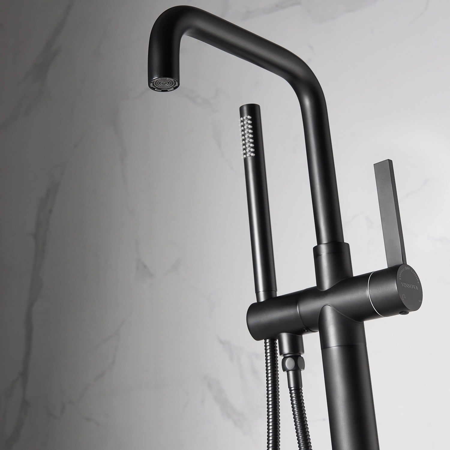 Vinnova Delara Freestanding Bathroom Tub Faucet with Hand Shower in Matte Black