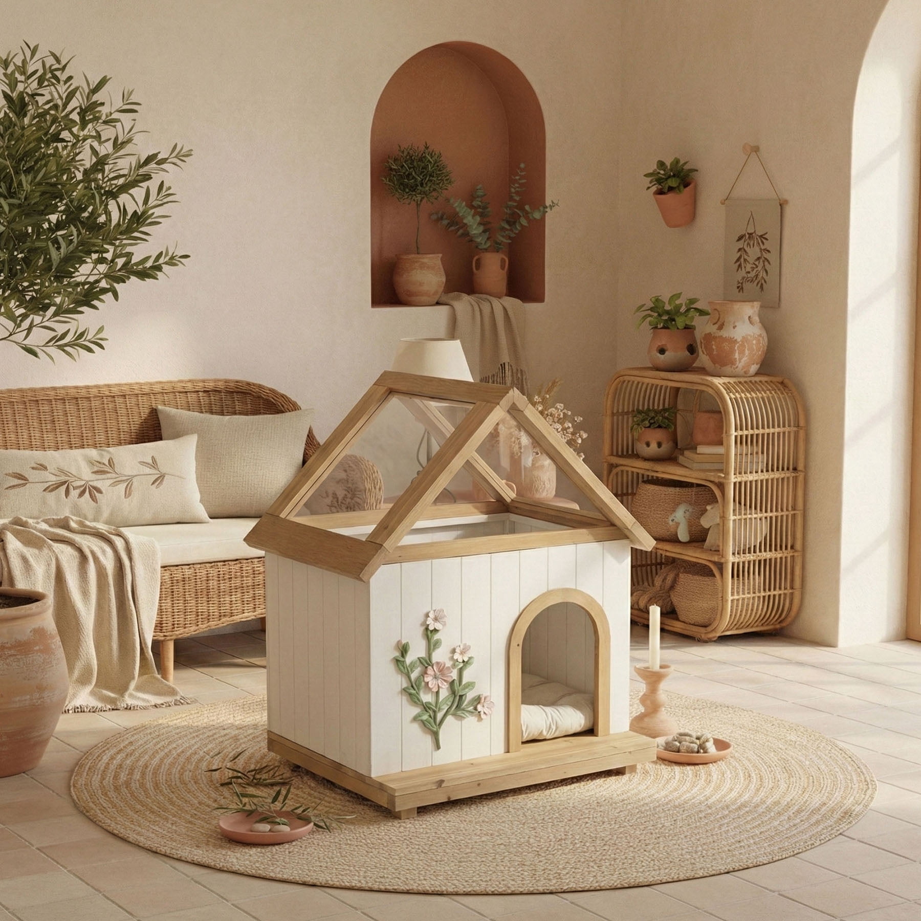 S-HOME Daisy Cat House with FSC-Certified Cedar and Acrylic Roof, Wooden Shelter for Cats and Small Dogs Weight 11-25 lbs