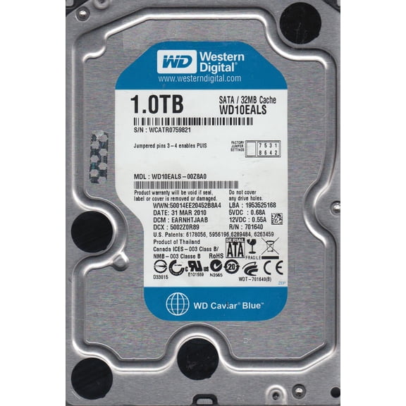 WD10EALS-00Z8A0, DCM EARNHTJAAB, Western Digital 1TB SATA 3.5 Hard Drive