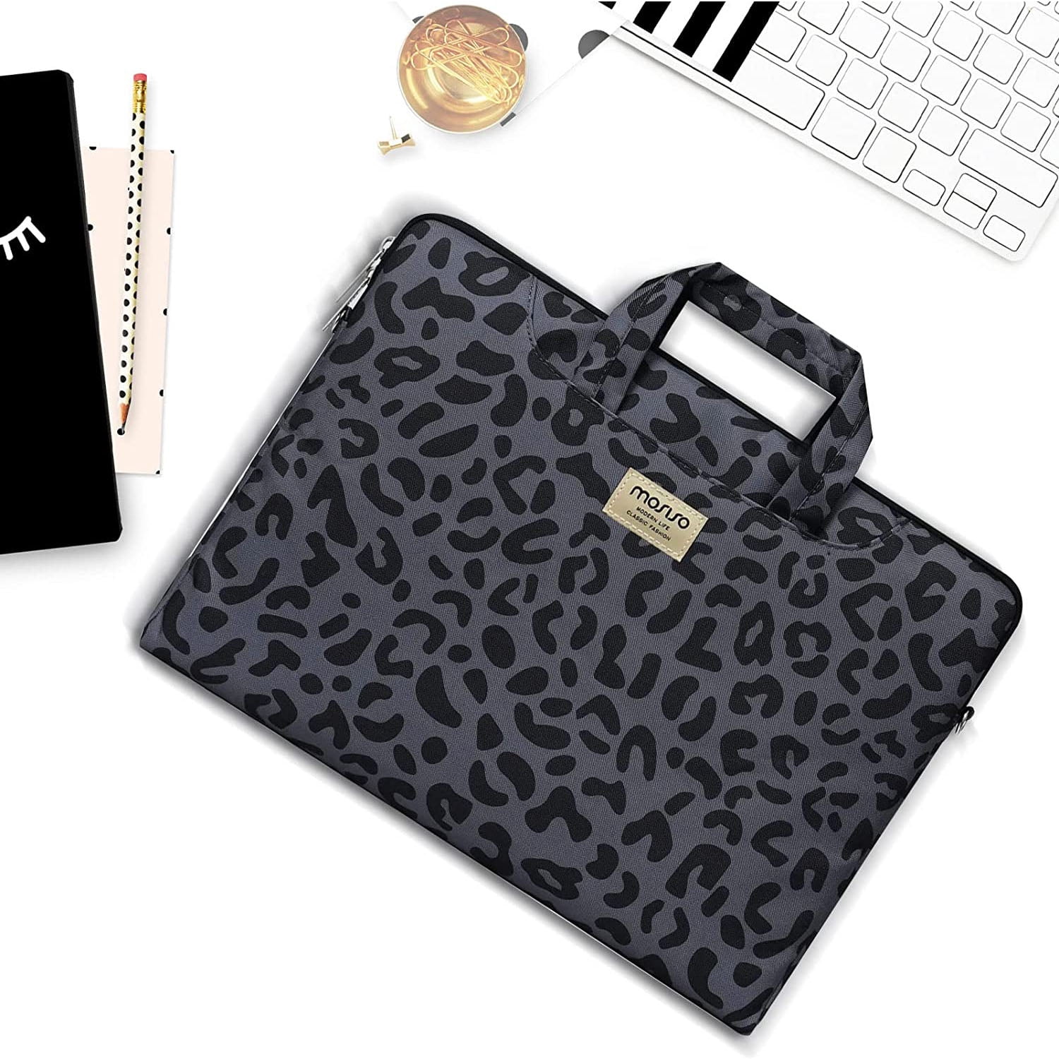 Mosiso 15.6 inch Laptop Shoulder Bag Compatible with MacBook Pro 16 inch 2023-2019 M2 A2780 M1 A2485 Pro/Max A2141/Pro Retina 15 A1398,,Leopard Grain Briefcase Sleeve with Belt for 15-15.6 inch Notebo