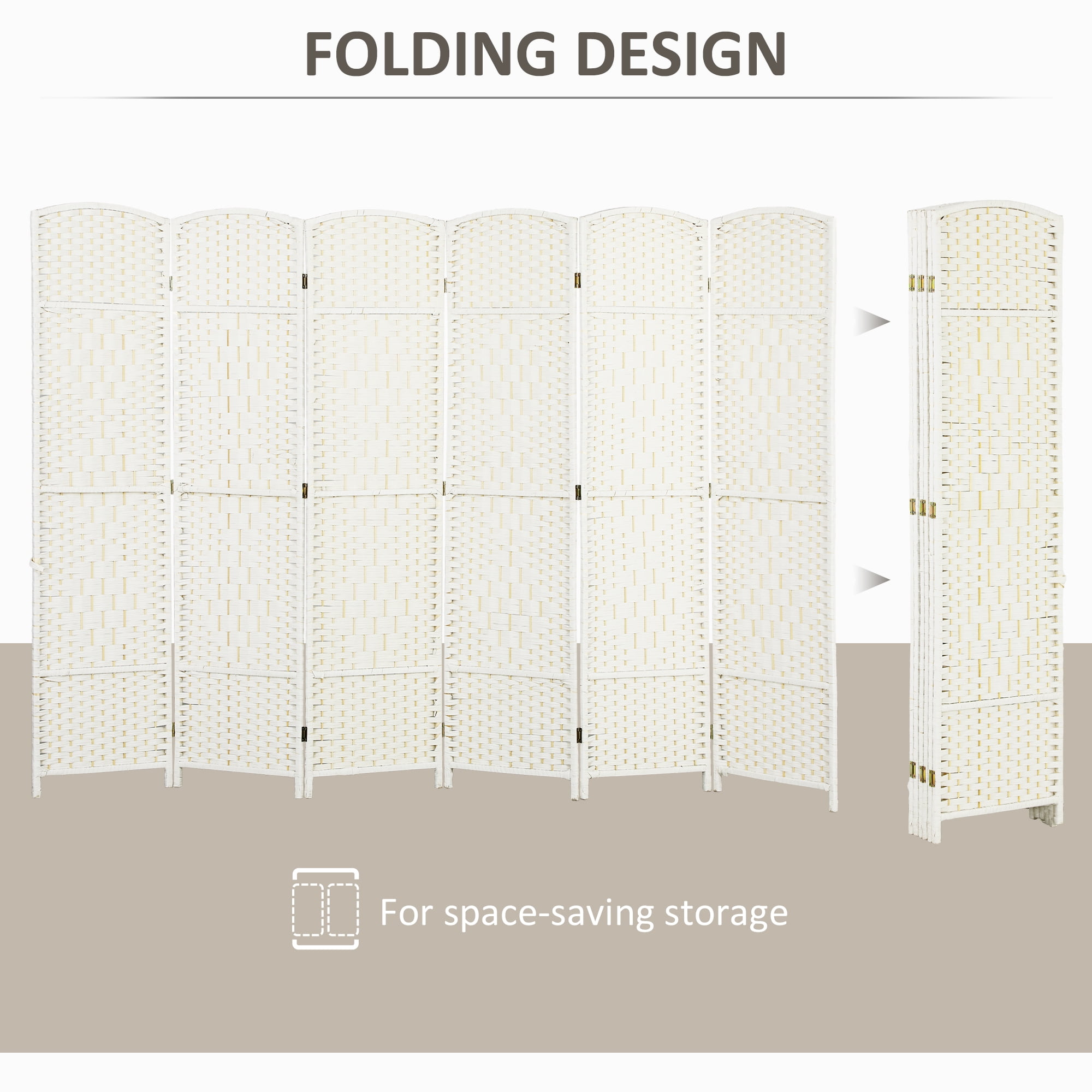 HOMCOM 6 Panel Room Divider, 6' Tall Folding Privacy Screen, Hand-Woven Freestanding Wood Partition for Home Office, Bedroom, White