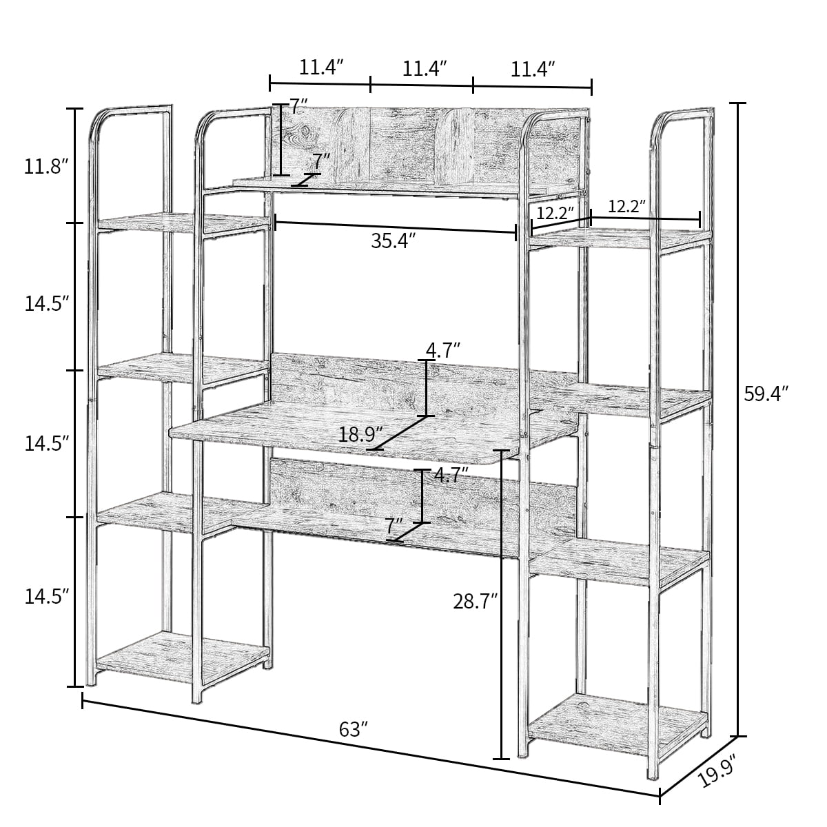 Kepooman Modern Metal Computer Desk with Storage Hutch & Double Bookcase for Home Office, 63"L x 19.9"W x 59.4"H, Brown Kepooman Modern Metal Computer Desk with Storage Hutch & Double Bookcase for Home Office, 63"L x 19.9"W x 59.4"H, Brown