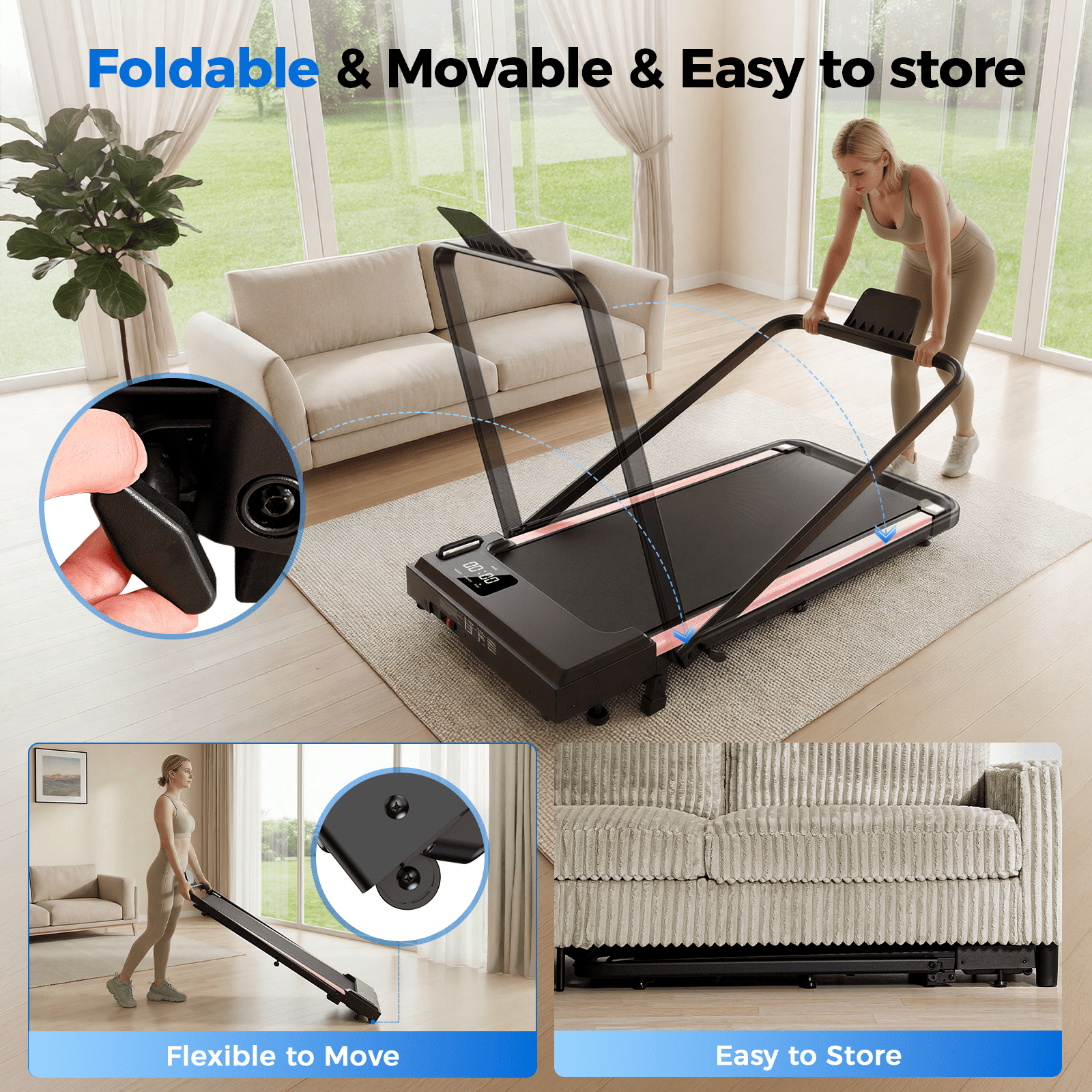 Treadmill with Handles, Small Treadmills Home, Portable Electric Treadmills for Home 300 lbs Capacity,Walking Pad Treadmill