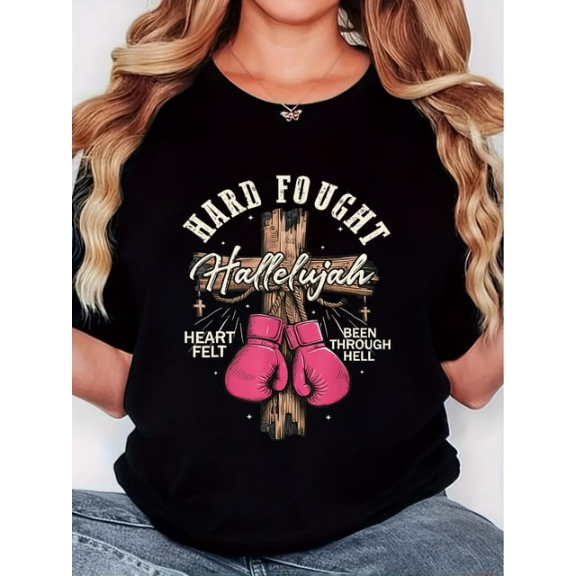 Playera Deportiva Manga Corta Mujer Dry-FitWomen'S T-shirt, "Hard Cross Powder Boxing Gloves" Print, Retro Minimalist Fashion, Round Neck, Casual Comfort, Sports Short Sleeve T-shirtFather's Day, Mo