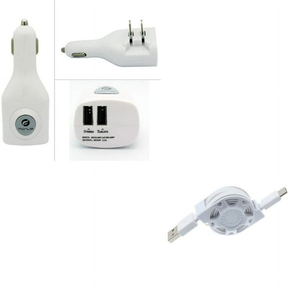 Retractable USB Cable w 2-Port USB Car Home Charger E6X for Blackberry KEYone, Key2 LE - BLU G9, Vivo XI Plus 5 - CAT S48c S61 - Coolpad Legacy - Essential Phone (PH-1) - Google Pixel XL 3a XL