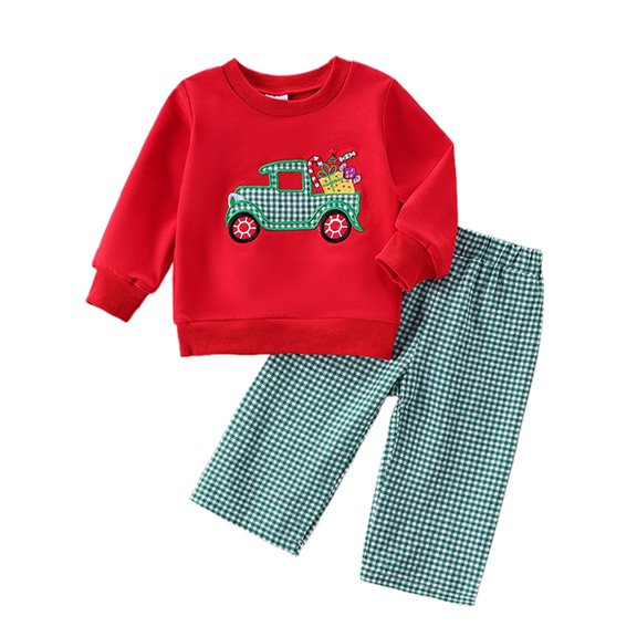 Toddler Baby Girl Christmas Outfits 0 6 12 18 24 Months 2T 3T Truck Print Long Sleeve Crew Neck Sweatshirt with Elastic Waist Plaid Pants 2Pcs Clothing Set