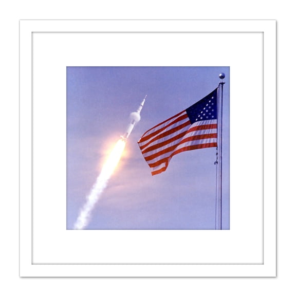 Space NASA Apollo 11 Saturn V Rocket Launch Flag Photo 8X8 Inch Square Wooden Framed Wall Art Print Picture with Mount