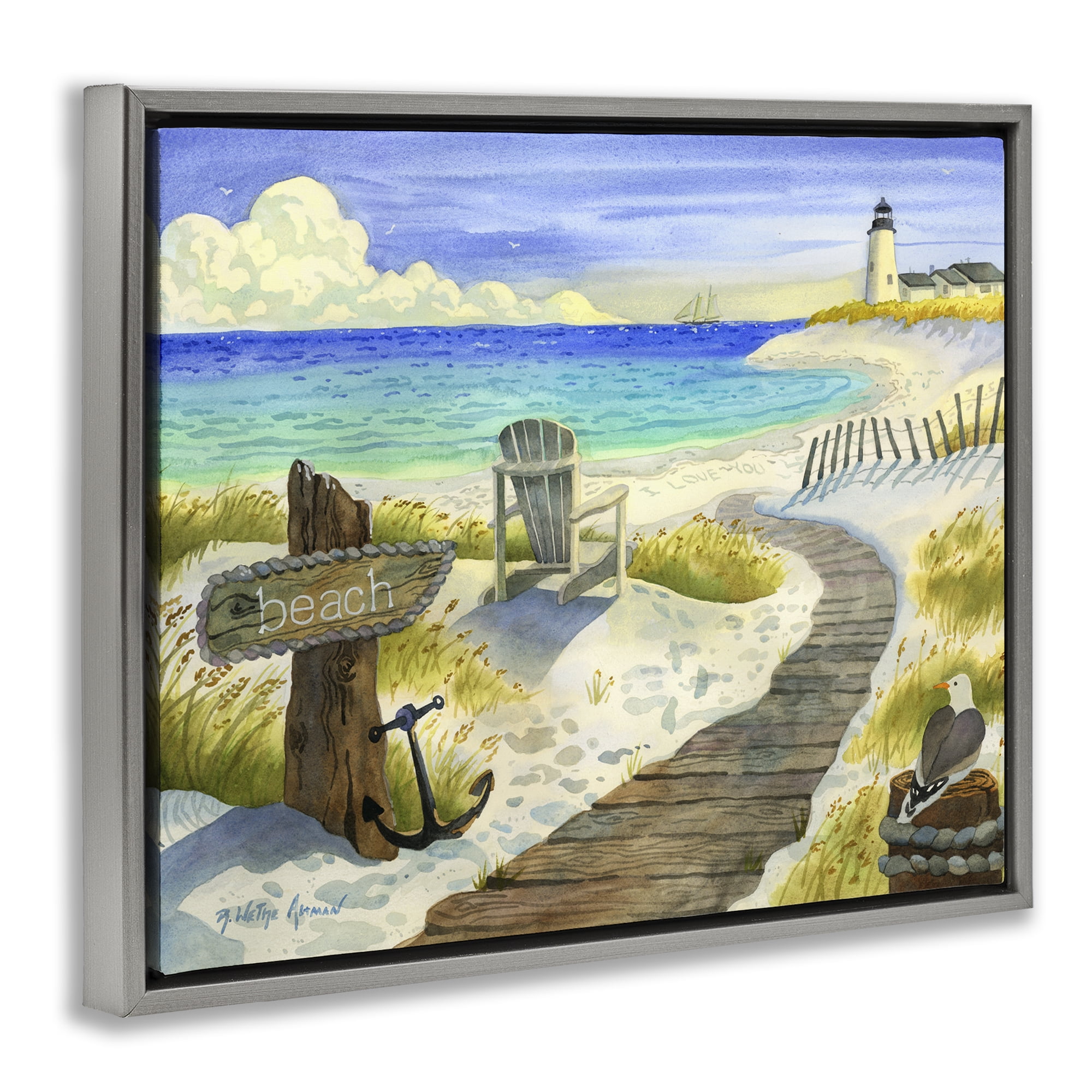 Stupell Industries Boardwalk To The Lighthouse Gray Framed Floater Canvas Wall Art, design by Robin Altman