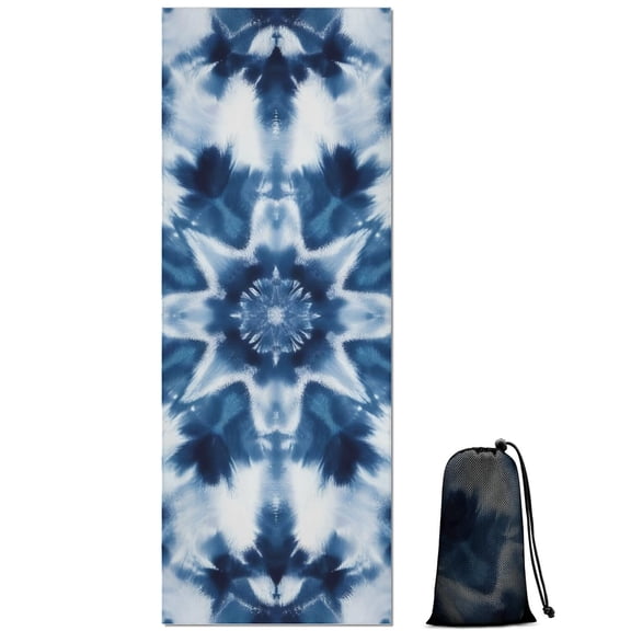 Blue White Tie Dye Mandala Pattern Hot Yoga Mat Towel Non Slip for Hot Yoga - Quick-Drying Yoga Mat Cover with 4 Corner Pockets with Travel Bag - Hot Yoga Towel Non Slip 70"x26"