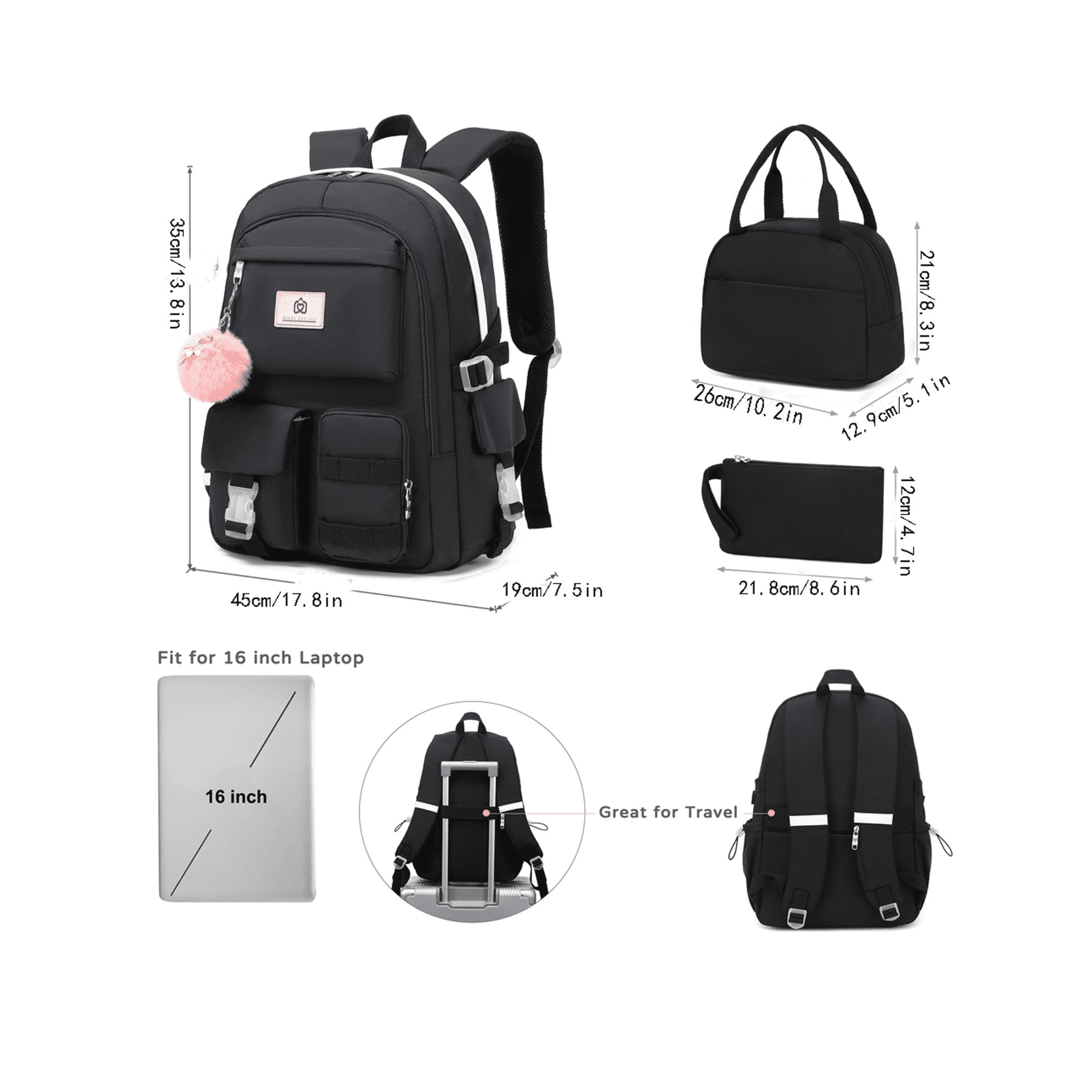 AO ALI VICTORY 3PCS-With lunch bag, pencil box Laptop Backpack 15.6 Inch Bag College Backpacks Backpack Set  Anti Travel Back Pack Large Bookbags forTeens Women(Black)