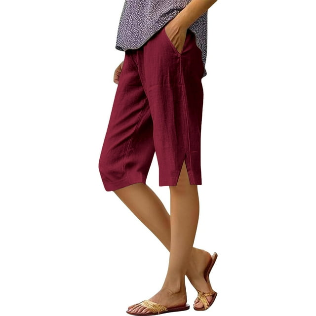 Women's Fashionable Casual Slit With Pocket Cotton Linen Loose Shorts