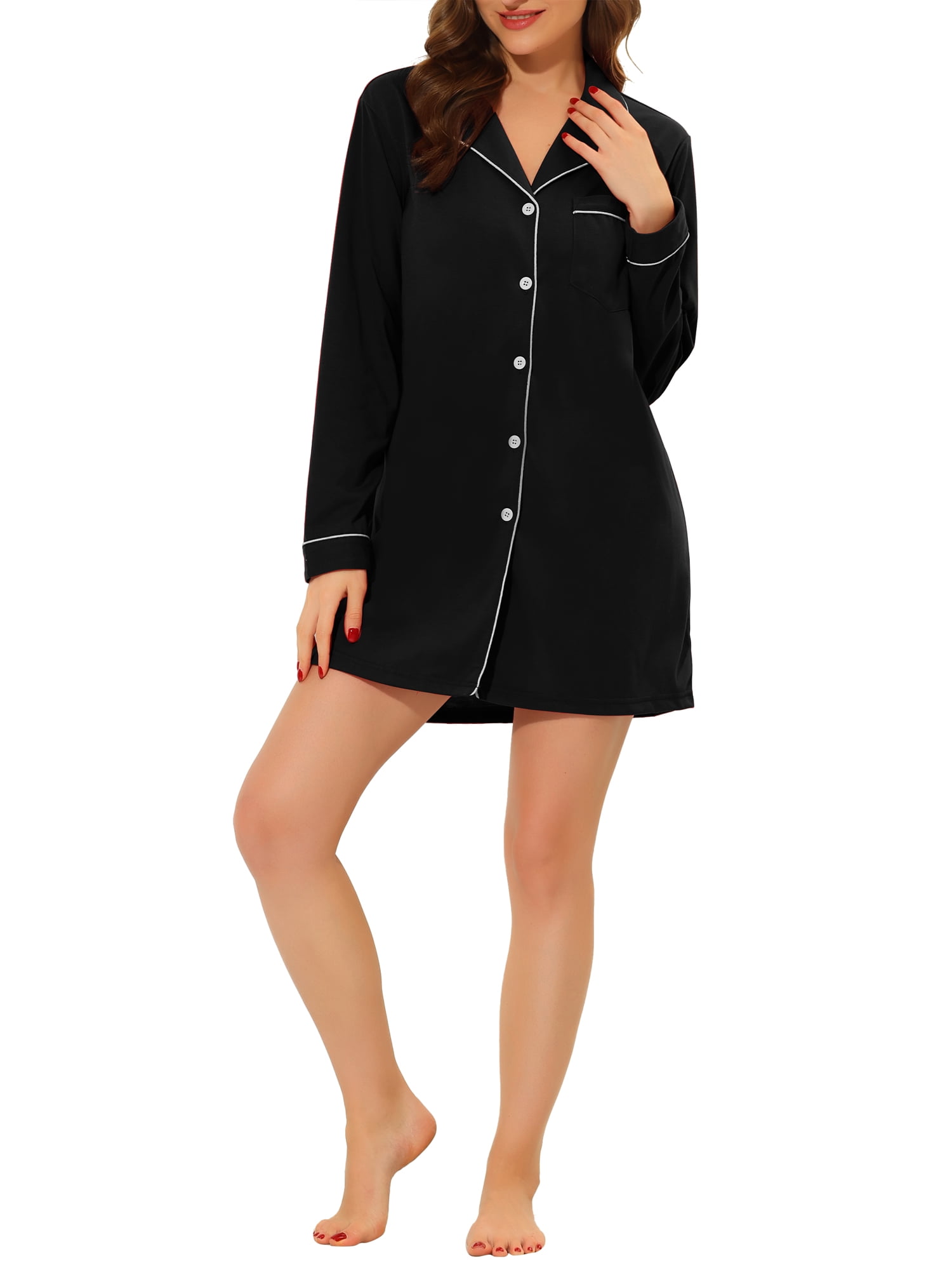 Unique Bargains Women's Summer Notched Lapel Long Sleeves Button Down Short Sleepshirt