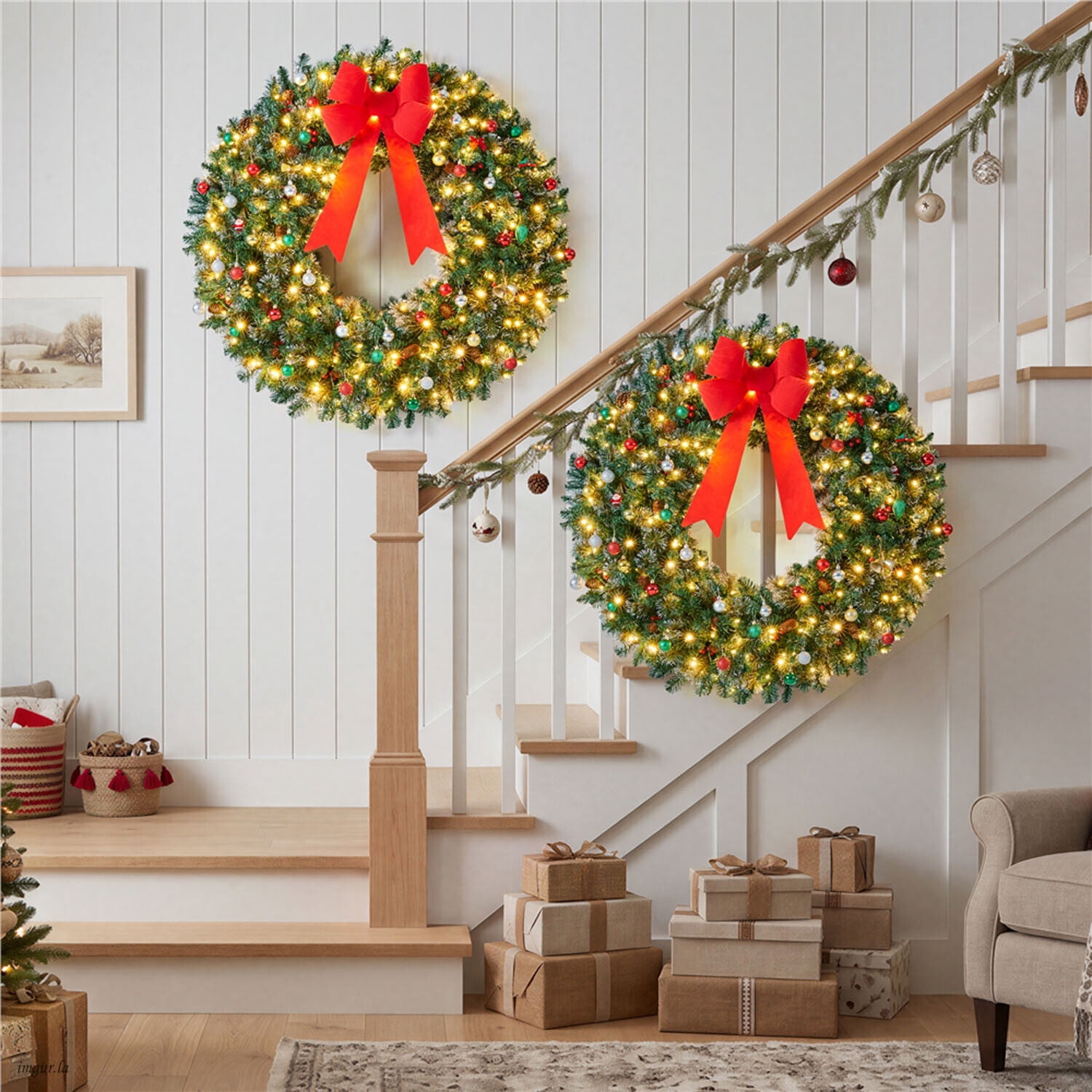 Alden Design 48 inch Artificial Pre-lit Frosted Christmas Wreath with Bowknot & Pinecones & Holly Berries & LED Lights, Green