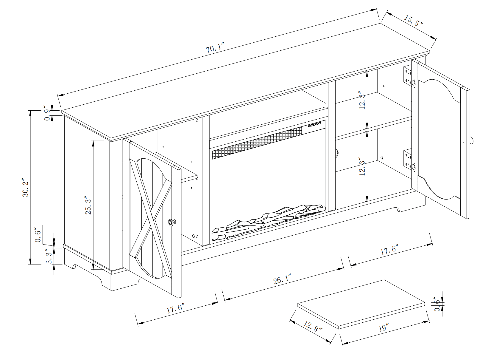 70" Farmhouse TV Stand with 26" Electric Fireplace,Heats 400 Sq Ft,White