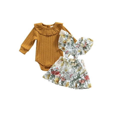 

Infant Baby Girl Tops Skirt Suit Long Sleeve Round Neck Knitting Shirt Floral High Waist Suspender Dress
