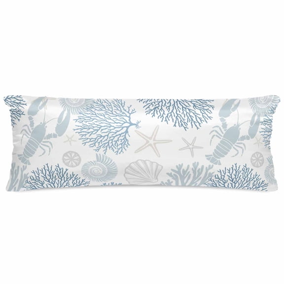 Blue Coastal Pillow Cases Body Size, Smooth Satin Pillowcase for Hair and Skin, Summer Lobster Coral Nautical Decorative Cooling Bed Pillow Covers with Zipper, 20x54 Inches