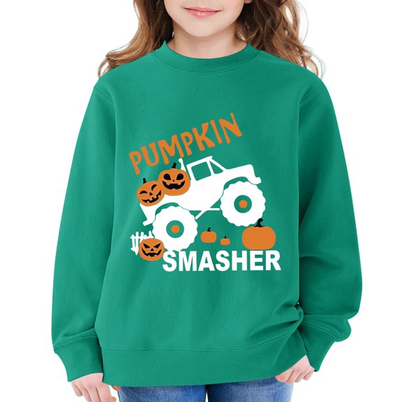 Coerni Boys Girls Halloween Sweatshirt Cartton Truck Spooky Pumpkin Graphic Pullover Kids Fall Fashion Long Sleeve Tops