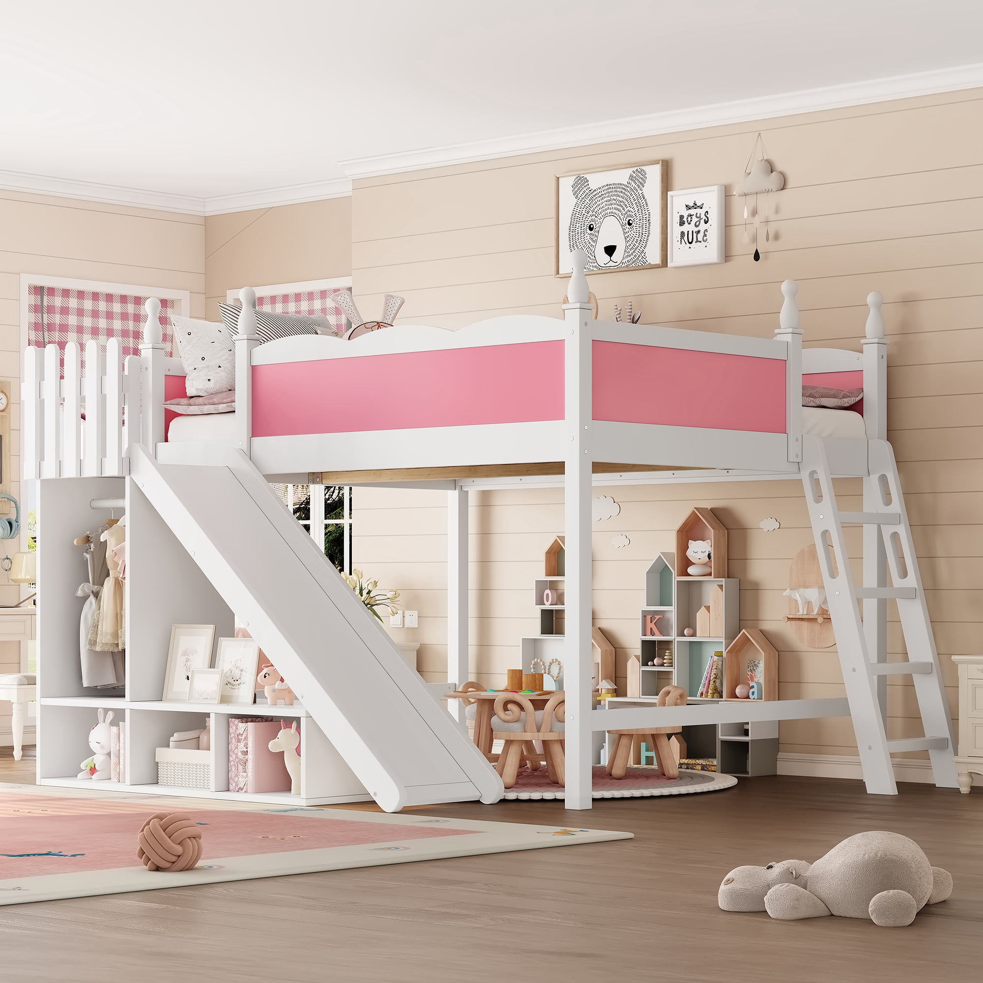 Leumius Queen Loft Bed Frame with Storage Shelves and Wardrobe, Solid Wood Loft Bed with Detachable Slide and Ladders for Kids Teens Adults Pink and White
