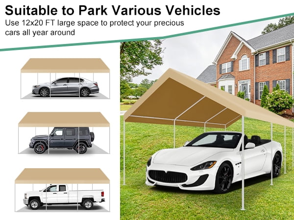 COBIZI 12x20ft Carport Heavy Duty, Portable Car Garage with Built-in Sandbags, Waterproof Car Canopy for Truck, Boat, SUV with All-season Tarp, Khaki