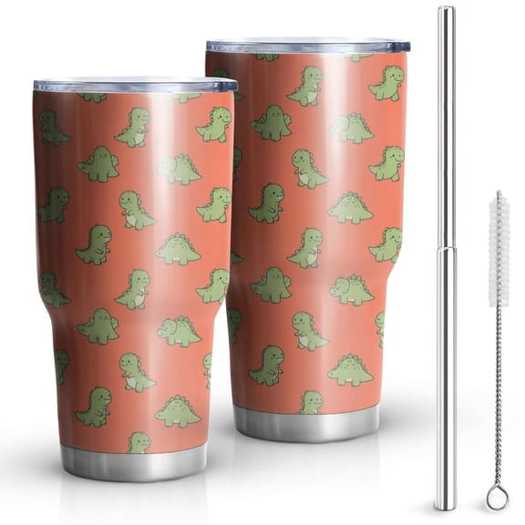 30oz Coral Green Dinosaur Pattern Tumblers Stainless Steel Tumbler with Lid and Straw,Vacuum Insulated Double Wall Travel Tumbler Cups Mug with Cleaning Brush for Coffee,Tea