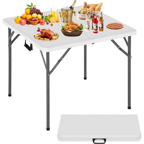Dkelincs 34" Small Square Folding Card Table with Handle, Portable Plastic Foldable Table for Camping, Party, Dining, Picnic(White)