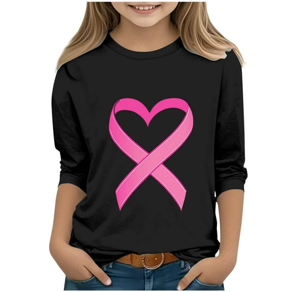 BRGZLK Breast Cancer Shirts for Kids Trendy Pink Ribbon Pattern Tee Loose Round Neck 3/4 Sleeve Casual Pullover Top Black 3-4 Years