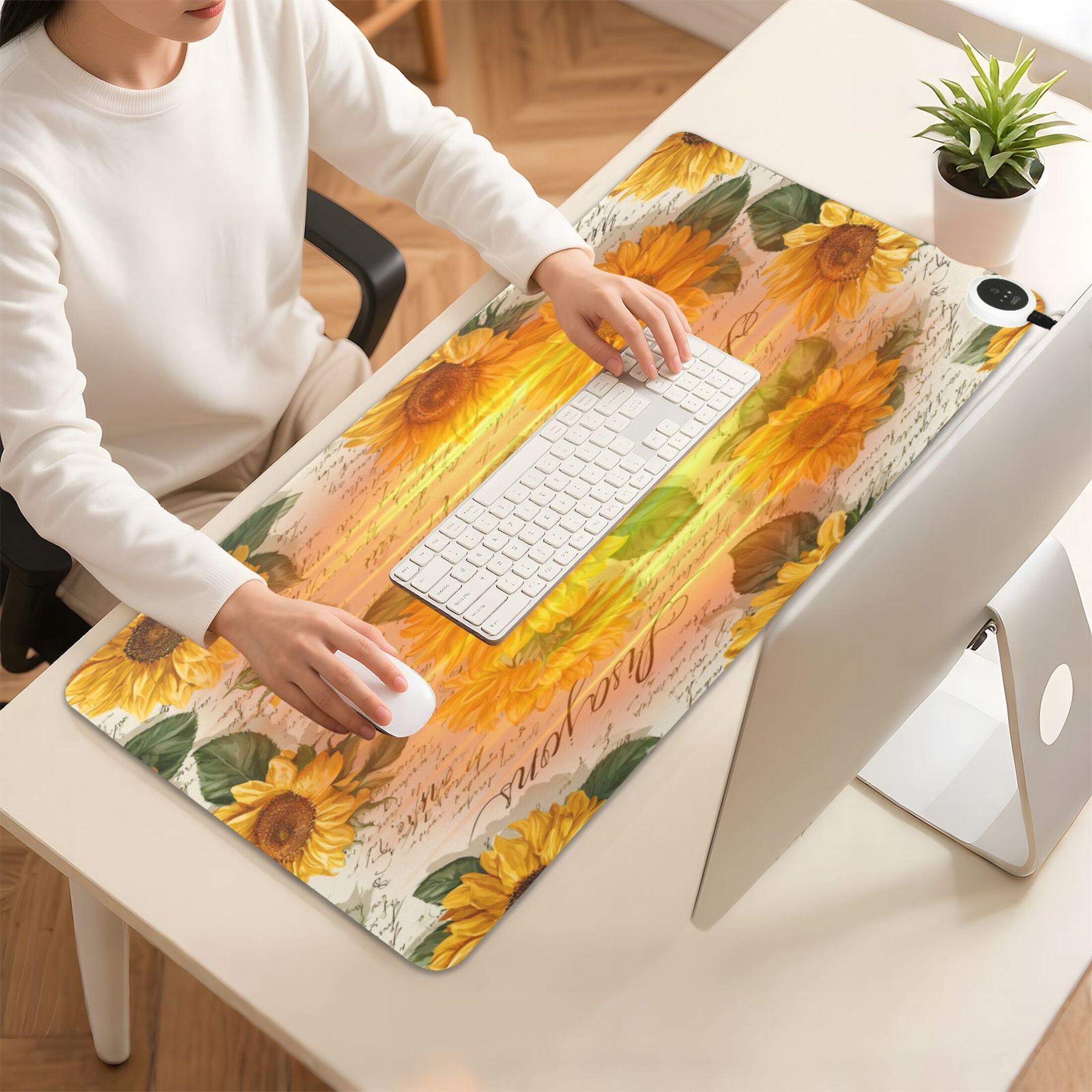 Large Heated Desk Mat Mouse Pad 31.5"x13"PU Leather Graphene Heating Desk Warmer with 3 Temperature Settings 110V US Plug Non-Slip Warm Pad for Home, Office, and Gaming Vintage Paper with Sunflowers