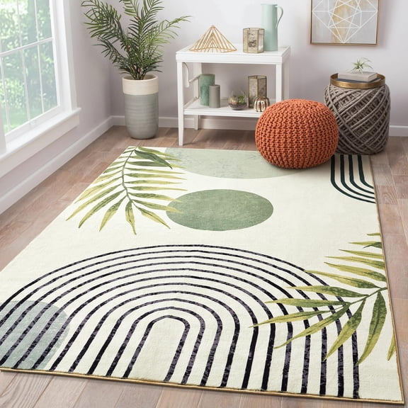 Boho Area Rug 4x6 Washable, Mid Century Modern Abstract Rug with Tropical Design, Non Slip Low Pile Indoor Carpet for Living Room Bedroom Kitchen Entryway, Green