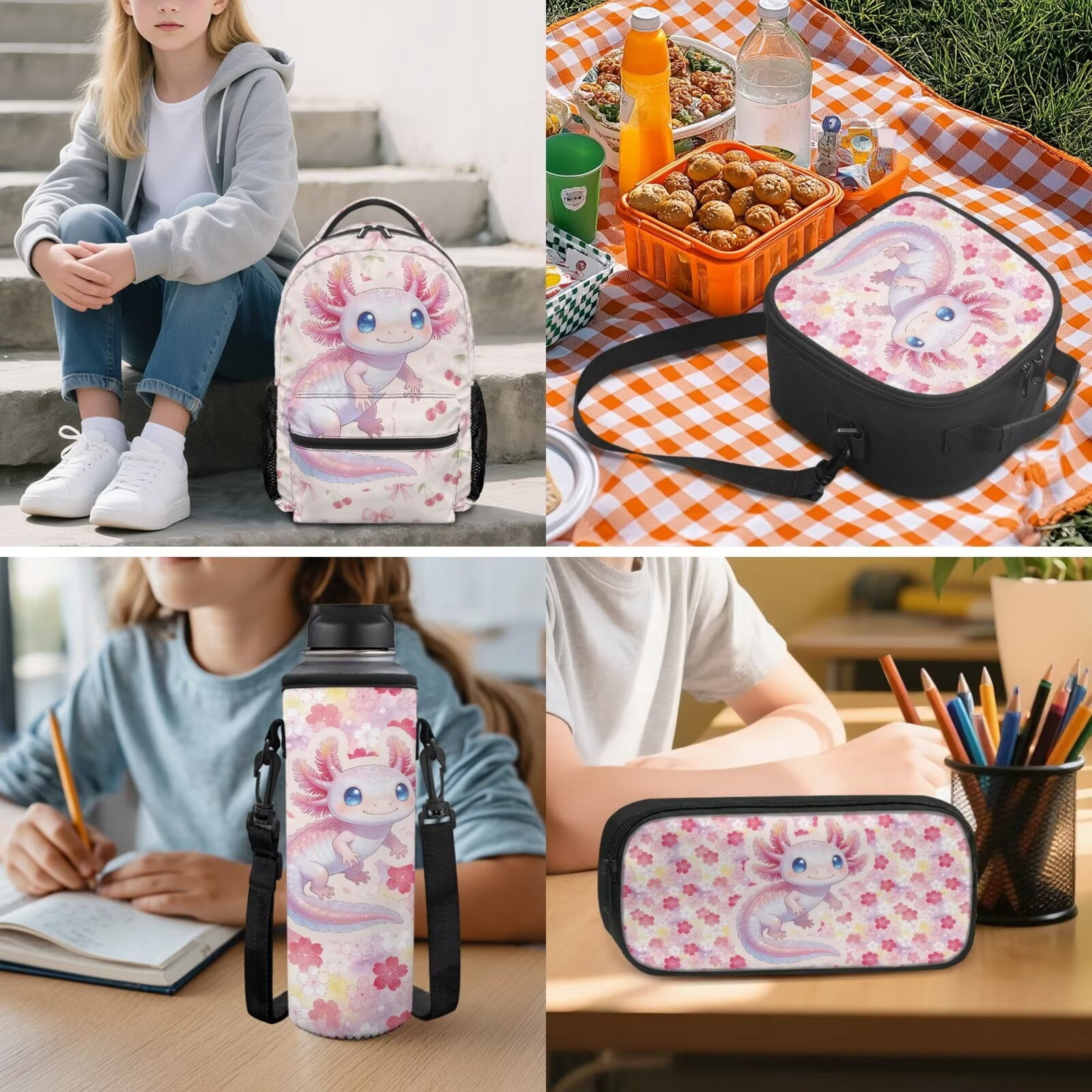 Pzuqiu Cherry Axolotl Back Pack for School Girls 5 pcs Kids Backpacks for Girls Lunch Bag with Water Bottle Holder Pencil Bag Cute Travel Rucksack Camping School Bag