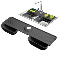 Silicone Faucet Handle Drip Catcher Tray Mat, Silicone Faucet Mat with 2 Pcs Sponge Holder for Kitchen Sink Accessories Gadgets Drying Mat for Bathroom Counter Sink Splash Guard Dark Black