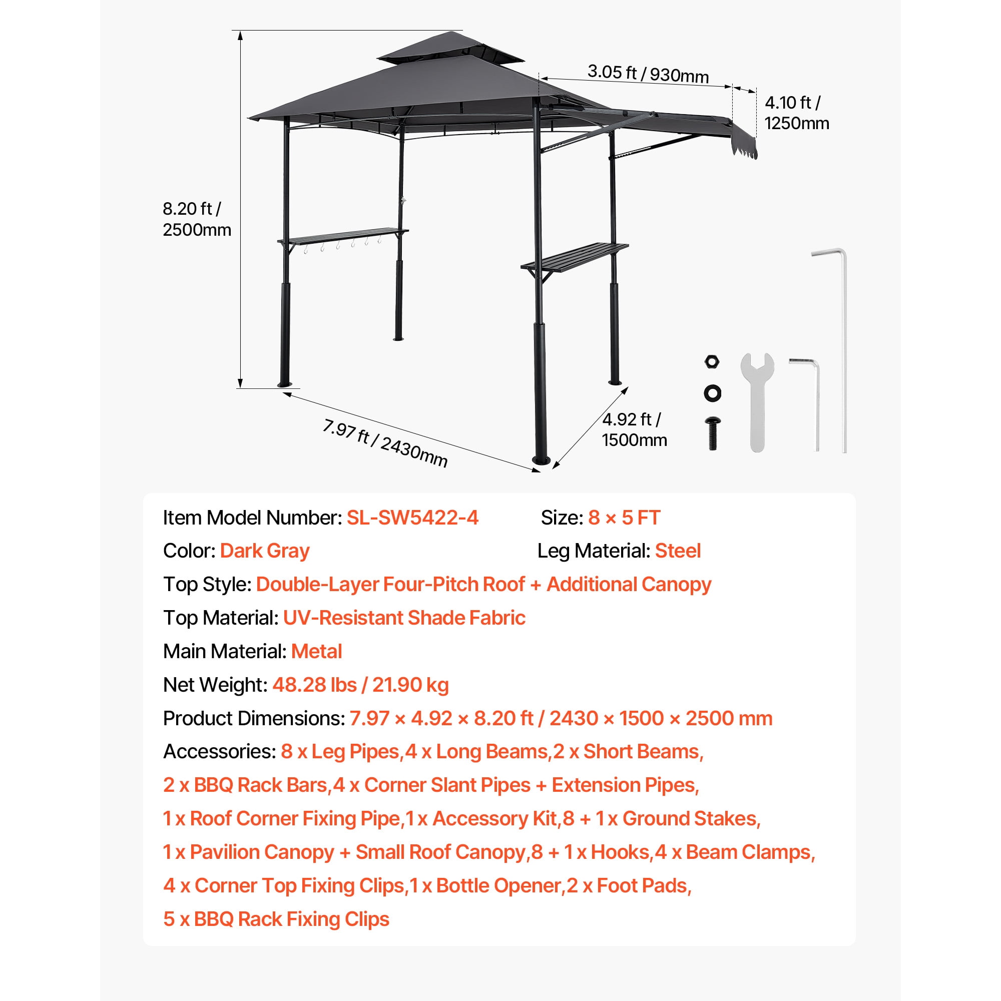 KFFKFF 8 x 5 ft Grill Gazebo with Double-Tier Roof, BBQ Shelter with Awning, Steel Frame, Side Shelves, Bottle Opener & Hooks, Outdoor Canopy for Patio or Garden