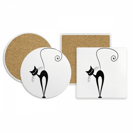 

Tilt Head Black Cat Halloween Animal Outline Coaster Cup Mug Holder Absorbent Stone Cork Base Set