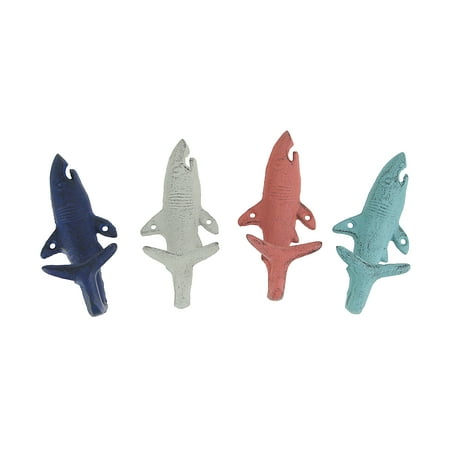 

Zeckos 4 Piece Distressed Finish Cast Iron Shark Wall Hook Set Coastal Beach Colors - Multicolored - Coastal Coral