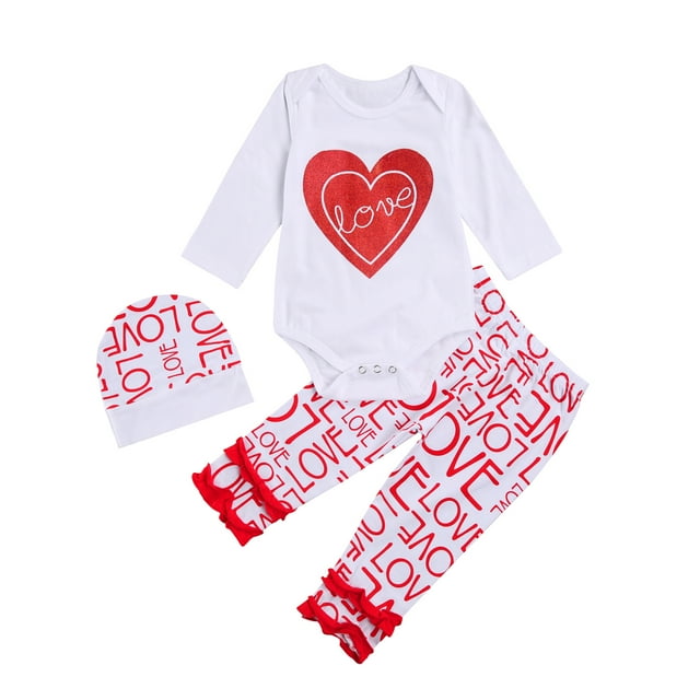 Babies Three-piece Clothes Set, White Long Sleeve Valentine Day Romper + Letters Printed Pattern Pants + Cap/ Headdress