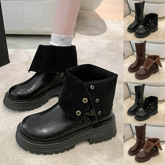 Ankle Boots Women Thick-Soled Round Toe Boots Women's Fashion Casual Versatile Comfortable Booties Fall Winter Warm Shoes Black 6