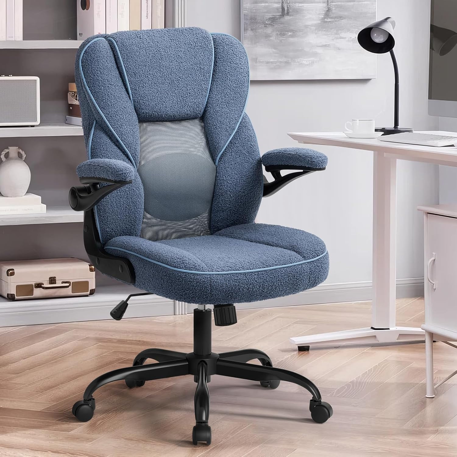 SEATZONE Home Office Desk Chairs with Wheels and Armrests,Office Chair Comfortable Ergonomic Mesh with Teddy Fleece Fabric Executive Computer Chairs for Adults and Teens,Blue