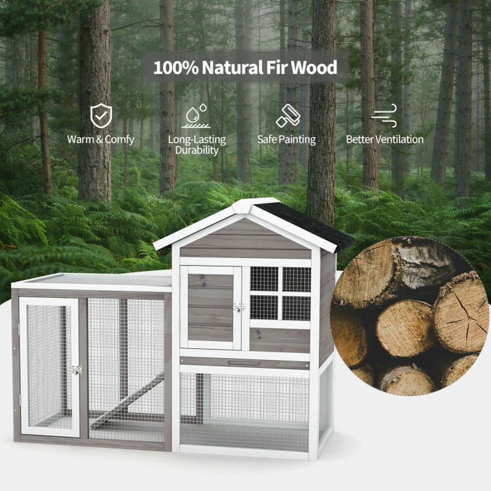 Spaco 2-Story Wooden Rabbit Hutch with Running Area-Gray,Wooden Outdoor Shelter, Weatherproof Pet Home, Ideal for Cats, Rabbits, Bunnies, Guinea Pigs