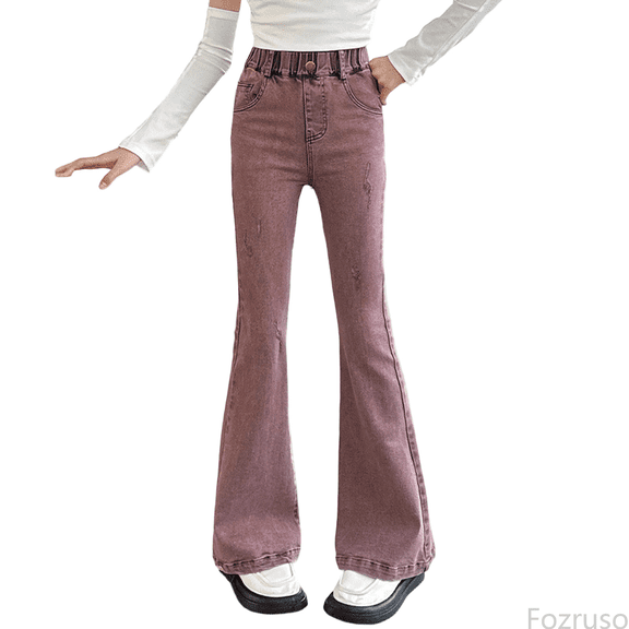 Fozruso Girls Chino Pants Girls Flared Bottom Pants Stretch Denim Trousers High Waist Soft Comfortable Casual Wear For Teenage Youth Big Kids Toddler Sizes 5-6 Years